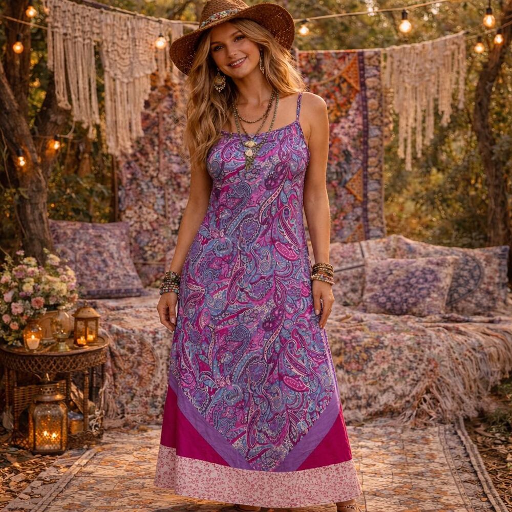 Vintage Paisley Midi Dress Women M Pink Boho Hippie Festival Y2K USA Summer
